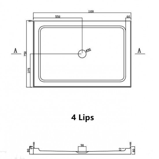 1100x750mm Rectangle Shower Tray Center/Size Waste